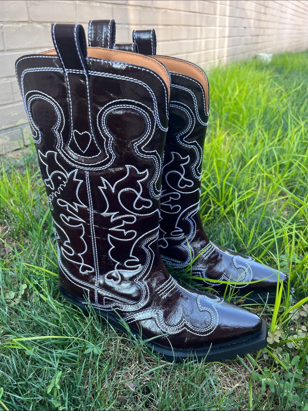 NWT Ganni Brown Borough Western Cowboy Boots with White Stitching, US 7/EUR 37 - Picture 3 of 5